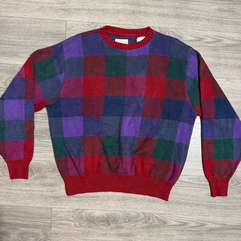Vintage 80s The Holbrook Company Mens XL Plaid Crewneck Sweater Cotton USA Made